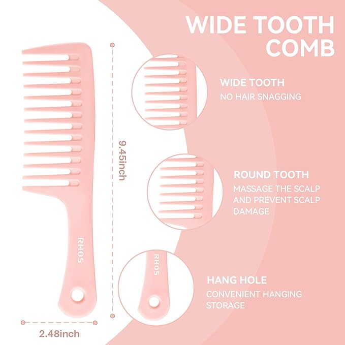 RHOS 3 Pieces Hair Comb Set for Women,Men-Wide Tooth Comb,Fine Tooth Rat Tail Comb,Medium Tooth Comb-Detangling Hair Combs for All Hair Types,Hair Styling Comb Set(Pink)