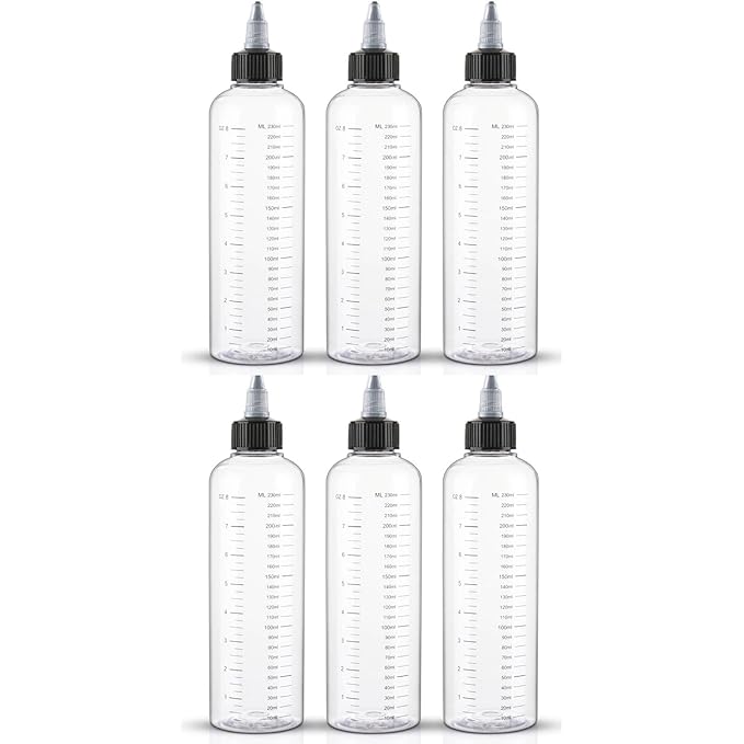 Cosywell Applicator Bottle for Hair Dye 8.5oz 6 Pack With Graduated Scale, Twist-On Top Tip Cap, Empty Plastic Color Oil Squeeze Bottles