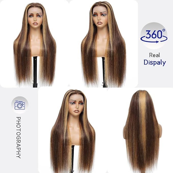Ombre Lace Front Wig Human Hair 13x6 HD Lace Frontal Real Virgin Human Hair Wig 4/27 Colored Honey Blonde Straight Wigs Human Hair Pre Plucked Tangle-Free 200 Density 26 Inch