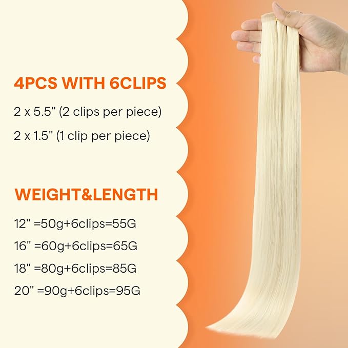Full Shine Seamless Clip in Hair extensions, 20Inch Blonde Real Human Hair Clip in Extensions,Long Straight Remy Hair for Womem, Invisible Natural Fill Ins, 4Pcs 20Inch 95 grams