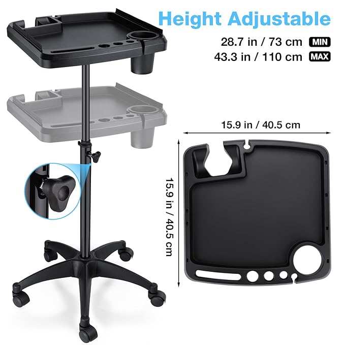 Hair Extension Tray Cart on Wheels w/Storage Holder, Height Adjust & Removable Hairstylist Rolling Tray Barber Tray Cart with Wheels, Salon Hair Extension Trolley Cart Hairdresser Stylist Color Tray