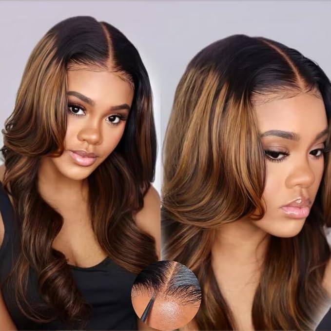 KLAIYI Bye Bye Knots Glueless Ombre Brown Body Wave Pre Cut 7x5 Lace Front Wigs Human Hair Drawstring Pre Plucked Bleached Pre Everything Ready to Wear and Go Wig Highlight Balayage Colored Wig 24Inch