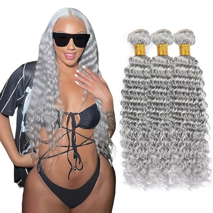 30 32 34 Inch Grey Bundles Human Hair Silver Deep Wave Bundles Niegmeag Brazilian Virgin Remy Hair Extensions Double Weft Soft And Silky Gray Deep Wave Bundle