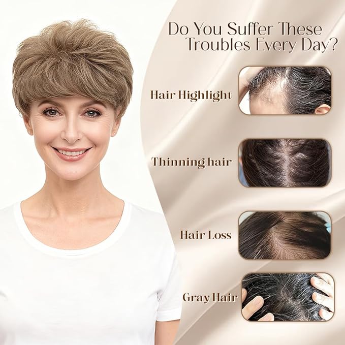 Short Hair Topper for Thinning Hair 4 Inch Short Pixie Cut Toppers Pieces Natural Curly Synthetic Wiglets Hairpieces (Brown mix Natural Blonde, 4 inch)