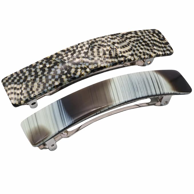 French Amie Oblong Handmade 3.5" Celluloid Automatic Hair Clip Barrette French Hair Clip for Women Strong Hold Set of 2 No Slip Durable Paris Hair Accessories, Made in France (Ivory Black and Opera)