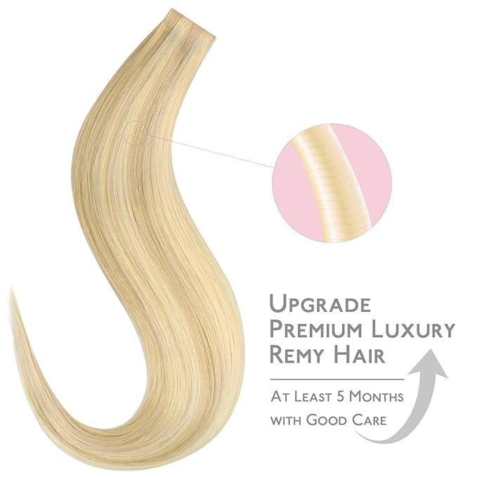 WENNALIFE Invisi Edge Tape in Hair Extensions Human Hair, 22 Inch 30g 10pcs Light Blonde Highlighted Golden Blonde Invisible Luxury Remy Hair Extensions Natural Seamless Injected Straight Extensiones