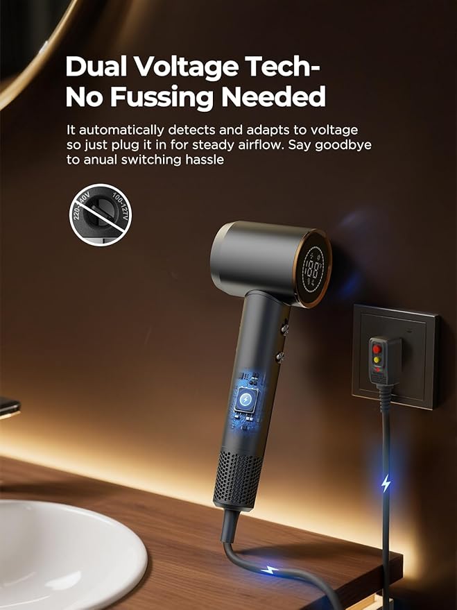 PLAVOGUE Dual Voltage Travel Hair Dryer with Diffuser, High-Speed Ionic Blow Dryer for Women, Fast Drying, Low Noise, Lightweight, No Heat Damage, European Travel 110V-120V/220V-240V (Grey)