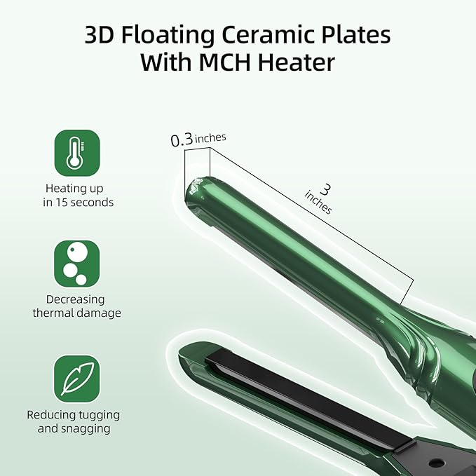 Small Flat Irons for Short Hair, 15s Ultra Fast Heat Up Pencil Flat Iron, Negative Ions Mini Flat Iron for Edges, 3/10'' Travel Hair Straightener with LED Display Auto Shut Off（Green）