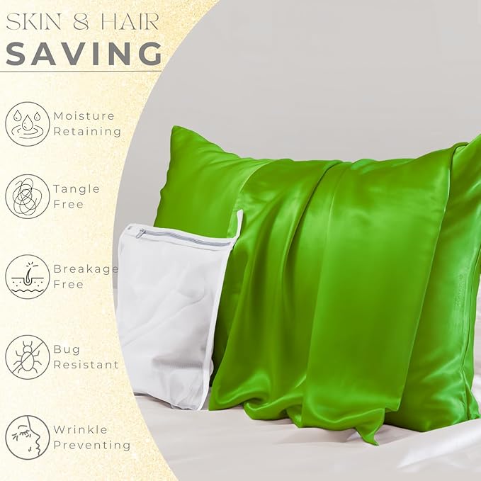 PROMEED 23 Momme Silk Pillowcase for Hair and Skin, Both Sides Upgraded Grade 6A+ Mulberry Silk Pillow Case with Zipper, Cooling Pillow Cases for Hot Sleepers (Queen 20"x30", Green)