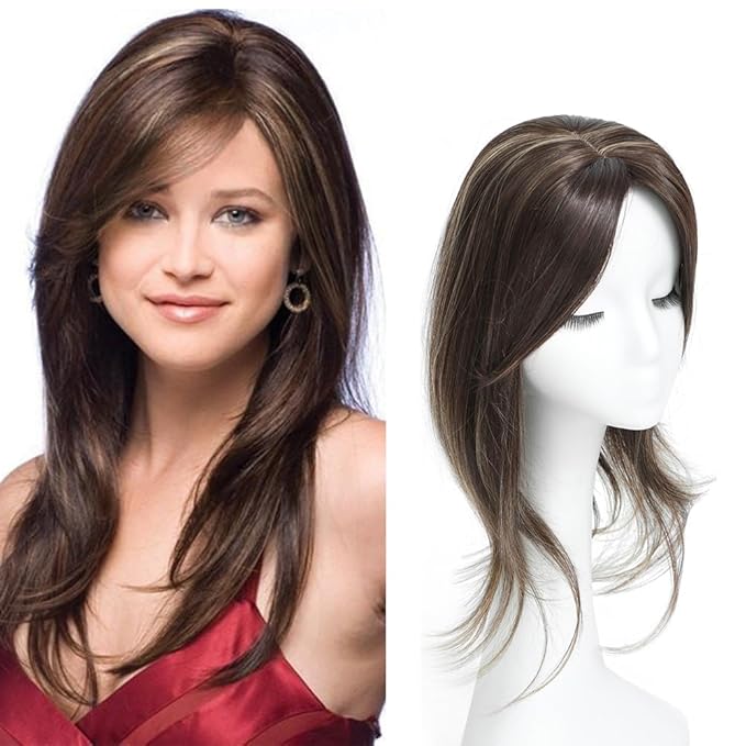 UDU Hair Toppers for Women for Thinning Hair Highlights Synthetic Fiber Hair Toppers Hair Pieces for Women Ladies Ash Brown Muti-layer Long Straight Wavy Clip in Wiglets with Fringe bangs