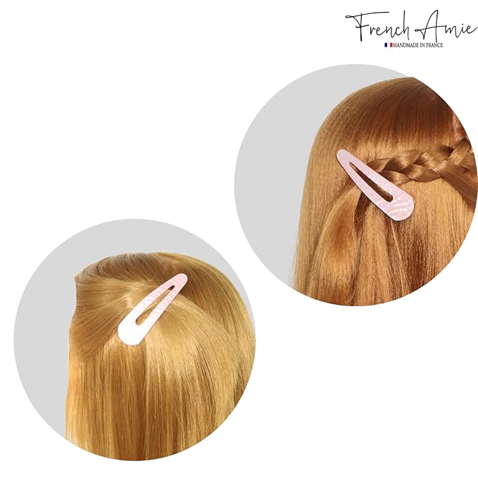 French Amie Clic Clac Large Handmade Celluloid Acetate Set of 2 Snap Hair Clips No Slip Side Slide-in Barrette for Women and Girls (Pearl Pink)