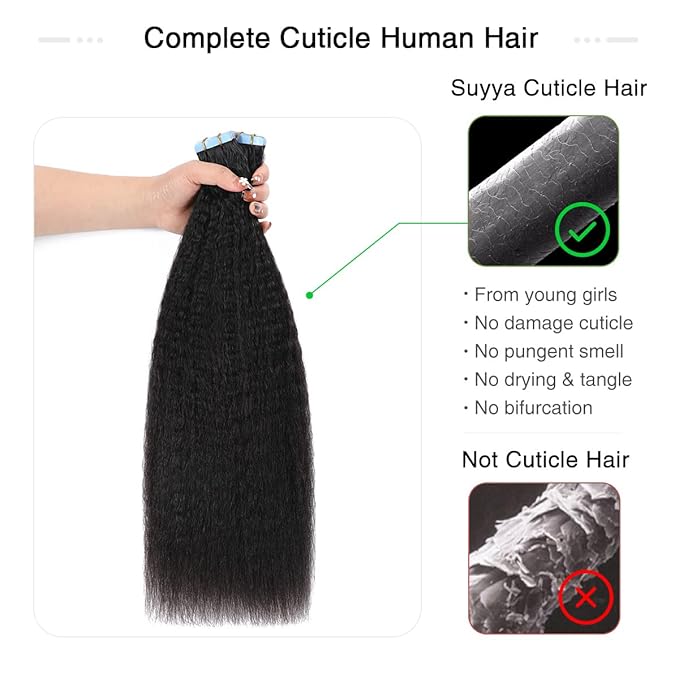 SUYYA Tape in Hair Extensions Human Hair Kinky Straight Tape in Extensions Natural Black 14 Inch Skin Weft 40g/Pack 20PCS Tape INS for Women (#1B Natural Black)