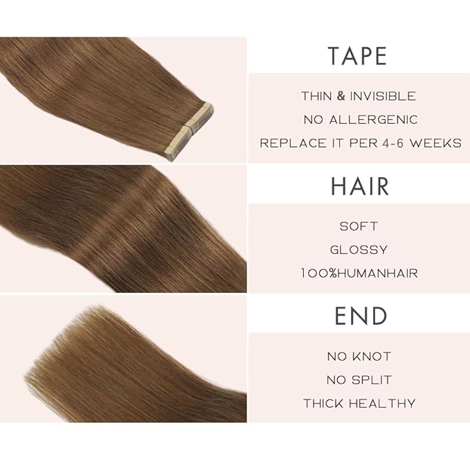 Tape in Hair Extensions Real Human Hair 24 Inch Medium Brown Double Sided Tape for Skin Weft Hair Extension Invisible Tape in Hair Extensions Straight Remy Human Hair for Women 20pcs (10#,24 Inch)