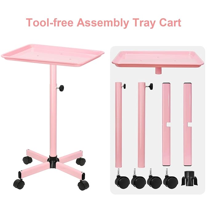 JOSTZHXIN Salon Tray, Height Adjustable Salon SPA Service Tray, Hairstylist Rolling Tray, Premium Aluminum Tattoo Tray, Pink Rolling Trolley