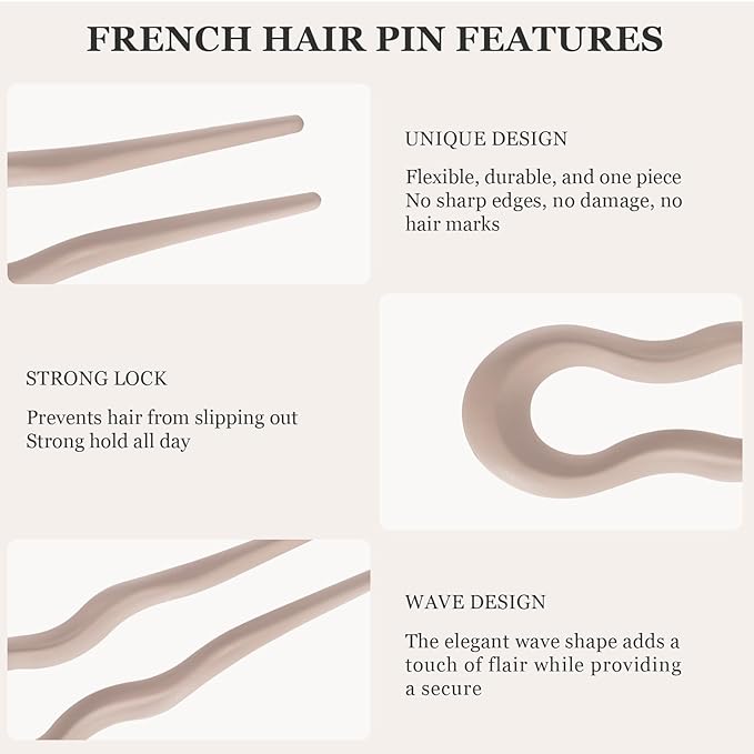 Sunolga 8PCS French Hair Pins for Thick Hair, 5.12" Fashion French Pins Hair Styling, Matte French Hairpin for Women Fine Hair Accessories, French Twist Pin Wavy U Shaped Holiday Gifts