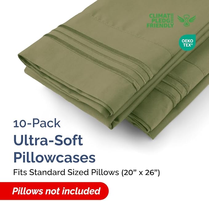 Standard Pillow Cases Set of 10 - Ultra Soft Hotel Quality Pillowcase Covers - Comfy & Wrinkle Free - Shrink, Stain and Fade Resistant - Machine Washable Pillow Protectors - 10 Piece Set - Sage Green