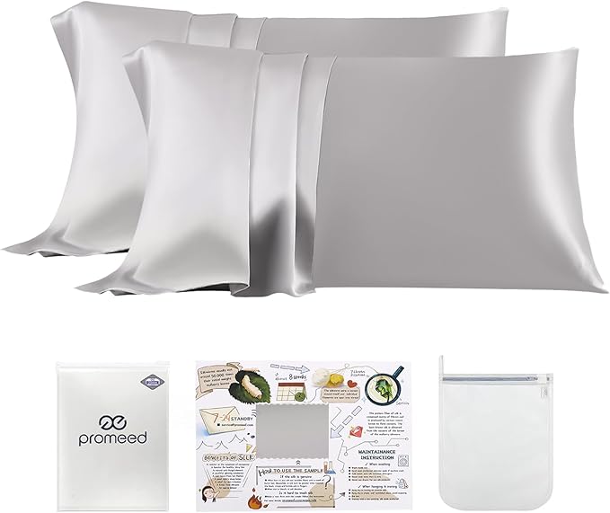 PROMEED 100% Mulberry Silk Pillowcase 2 Pack, Upgraded 3rd Generation Silk Pillow Case Set of 2 for Hair and Skin, Anti Acne, Anti Wrinkle (Standard 20"x26", Light Grey)