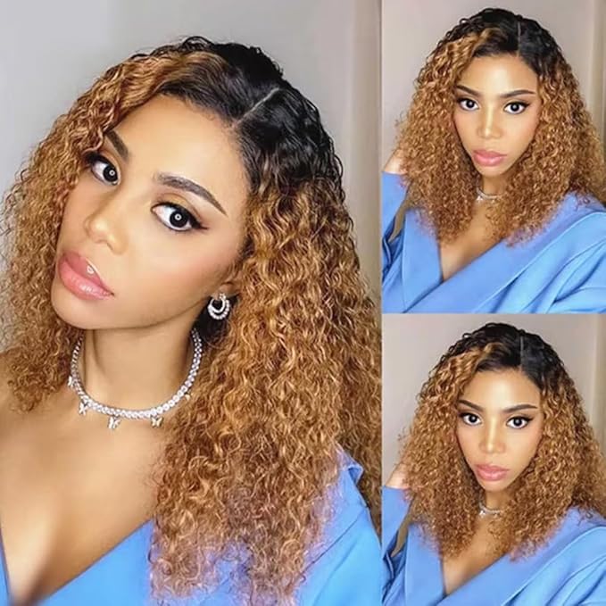 Honey Blonde Bundles Human Hair Ombre Curly Bundle 3 Tone Black and Blonde Kinky Curly Bundle Niegmeag Brazilian Virgin Soft and Silky Remy Hair 3 Bundles 26 28 30 Inch