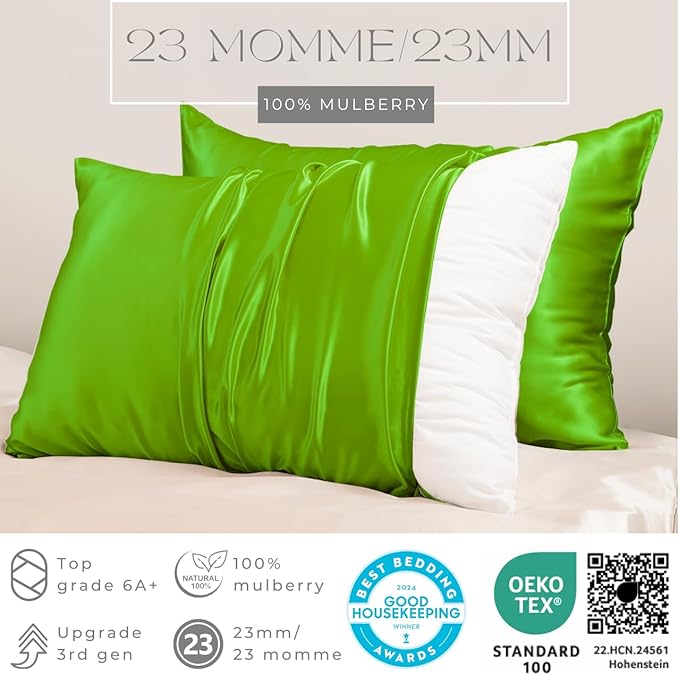 PROMEED 23 Momme Silk Pillowcase for Hair and Skin, Both Sides Upgraded Grade 6A+ Mulberry Silk Pillow Case with Zipper, Cooling Pillow Cases for Hot Sleepers (Standard 20"x26", Green)