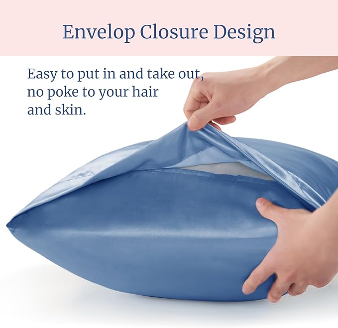 BEDELITE Satin Pillowcase for Hair and Skin, Super Soft and Cooling Similar to Silk Pillow Cases 2 Pack with Envelope Closure, Gift for Women Men(20"x36" King Size, Airy Blue)