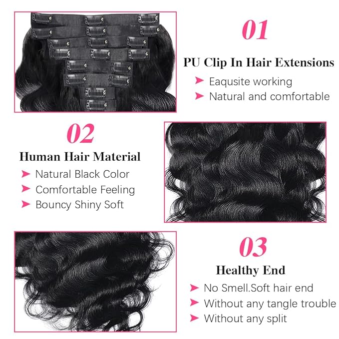 Seamless Clip In Hair Extensions Real Human Hair PU Weft Body Wave Clip In Hair Extensions Human Hair 8pcs with 18Clips Per Set 120g(18inch,Natural Black)