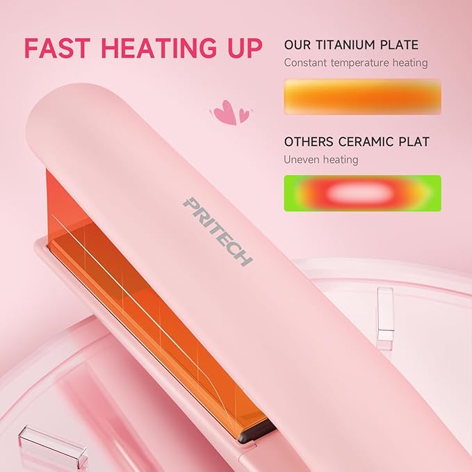Flat Iron Hair Straightener 1 Inch Titanium - Fast Heating Pink Hair Straightener， Negative Ions Flat Iron 12 Temp (230°F-450°F), Auto Shut Off, Temp Memory & Dual Voltage for Smooth Silky Hair