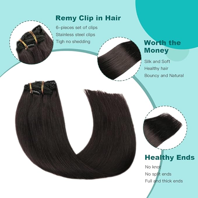 SURNEL Clip in Hair Extensions, Natural Black Human Hair Clip in Extensions 22 Inch 120g 6pcs Clip ins Hair(#1B,22'')