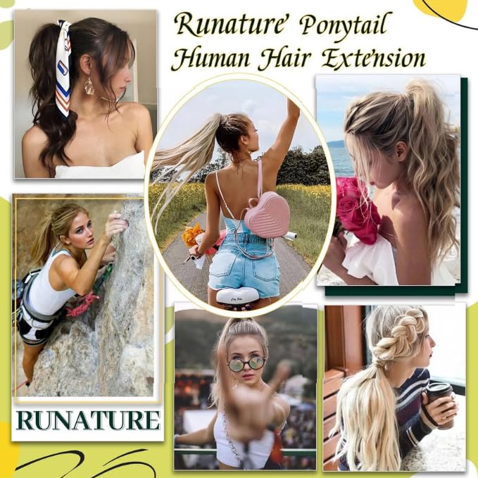 RUNATURE Real Hair Ponytail Extension, Human Hair Ponytail Extension for Women, Wrap Around Ponytail with Magic Paste, 16 Inch 80g #8P60 Ash Brown Highlight Platinum Blonde