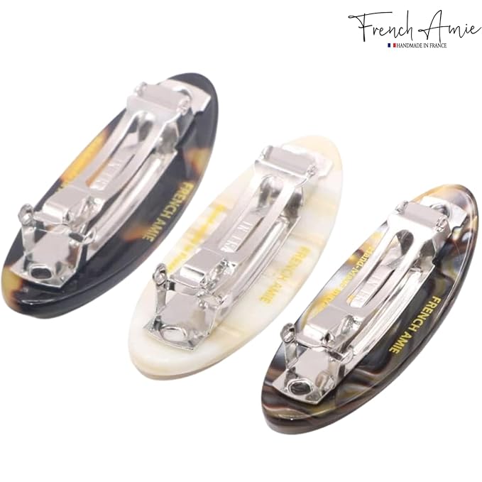 French Amie Oval Mini Silver Grey Onyx Tokyo Ivory Set of 3 Handmade Celluloid Hair Clip Barrette for Girls (2.5 inch)