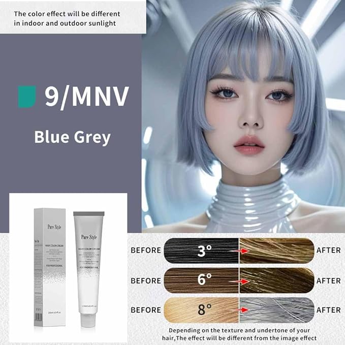 PureStyle 100ml Professional Permanent Hair Color Dye Cream Ammonia Free, Long Lasting Ash Blue Grey Color, 100% Gray Coverage, Natural Shine, For All Hair Types Easy At Home Application