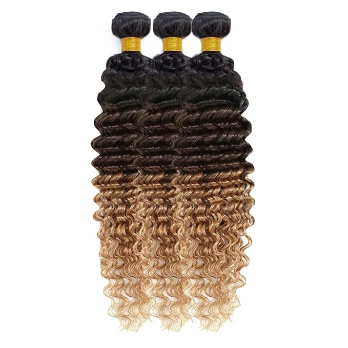 4/27 Deep Wave Bundles Human Hair Honey Blonde Bundle 12 14 16 Inch Brazilian Virgin Remy Hair Extensions Double Weft 3 Tone Brown and Blonde Deep Wave Bundles Hair Weave 300g