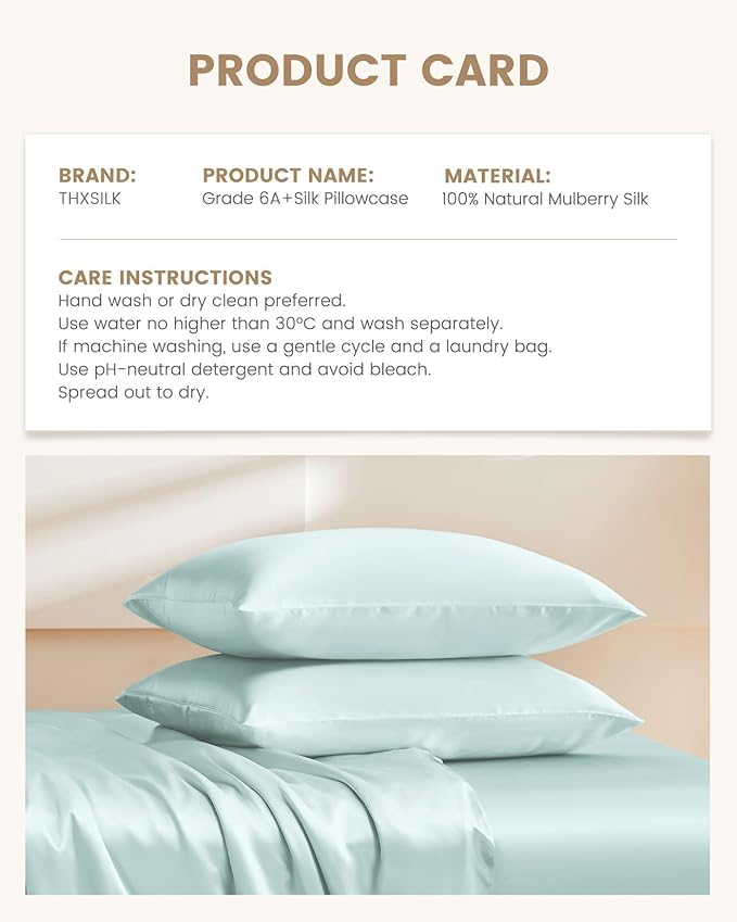 THXSILK 100% Mulberry Silk Pillowcase for Hair and Skin Health, Soft Breathable and Smooth Pillowcase with Hidden Zipper, Both Sides Premium Grade 6A+ Silk, 1pc (Standard 20"x26", Light Blue)