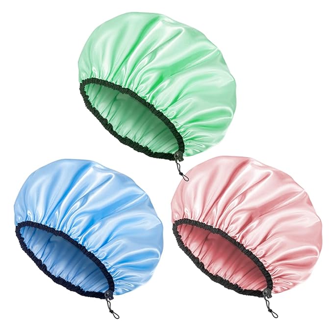 Auban Shower Cap for Women, Adjustable Reusable, Extra Large, Double-Layer Waterproof Bathing cap, Waterproof Exterior, EVA Lining, Hair Cap for All Hair Lengths, 3 Colors