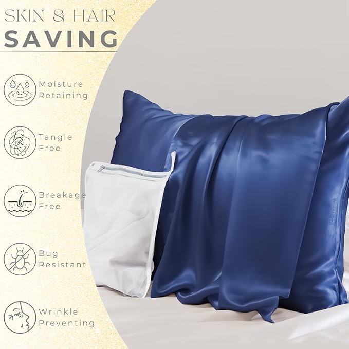 PROMEED 100% Mulberry Silk Pillowcase for Hair and Skin - Allergen Resistant Both Sides 23 Momme 1400 TC Silk Bed Pillow Cases with Hidden Zipper, 1PC (Standard 20"x26", Navy)