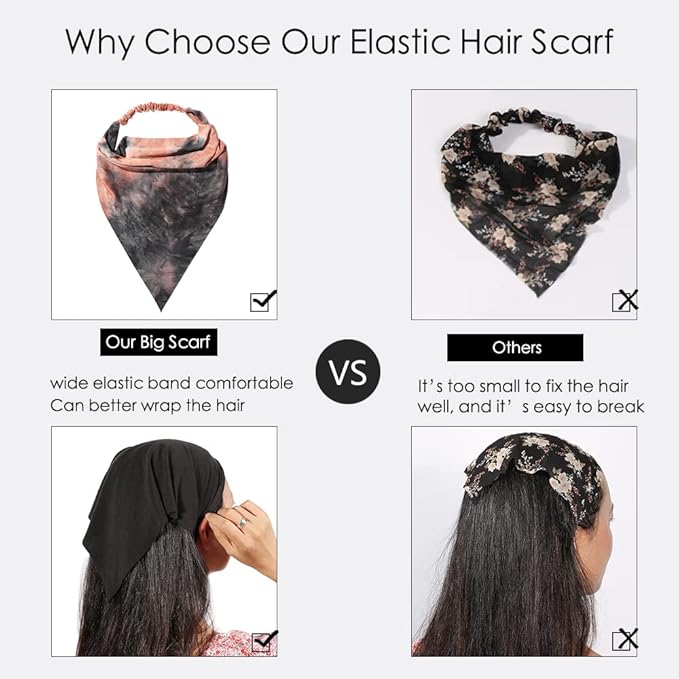 6 Pack Hair Scarf Headband for Women Elastic Bandana Head Scarf Large Boho Triangle Kerchief with Clips Non Slip Scarves