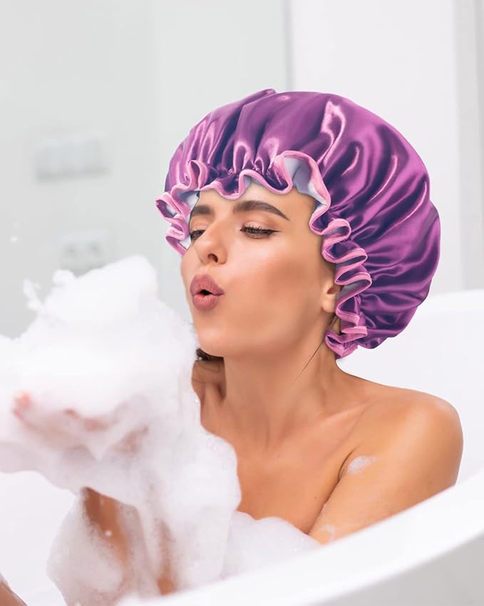 Aquior Shower Caps, Reusable Shower Cap for Women, Double Layer Waterproof Hair Cap, Large Size for All Hair Lengths,for Girls Spa Home Salon Use (purple)
