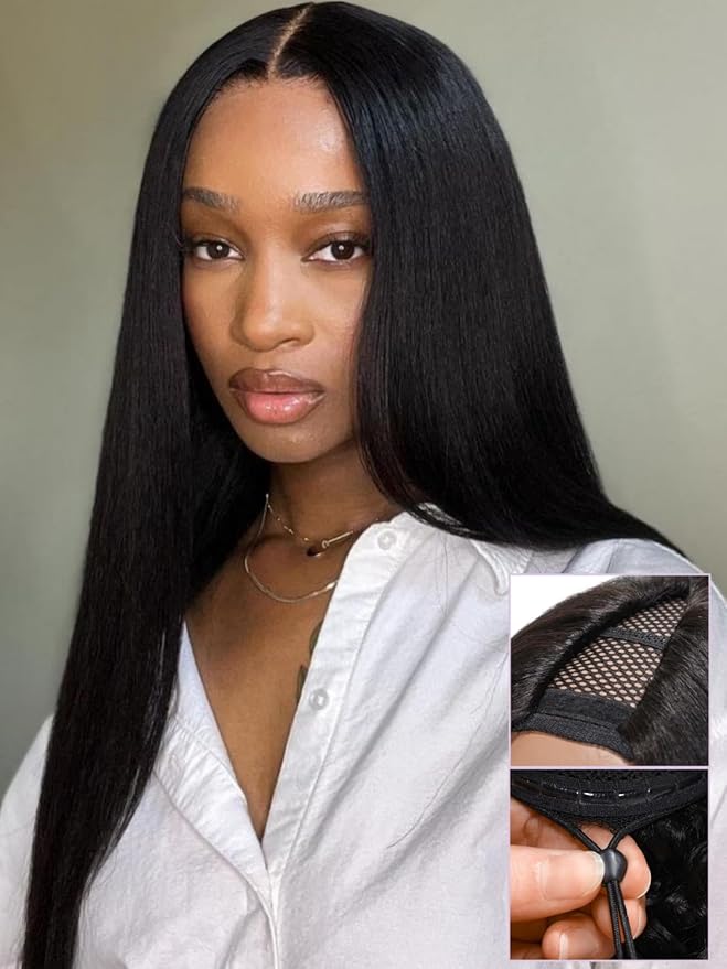 YIROO V Part Wig Yaki Straight Human Hair Wigs for Black Women Upgrade Upart Wig No Leave Out 12A Glueless Kinky Straight V Shape Clip in Half Wig No Glue No Sew Beginner Friendly 180% Density 16 Inch