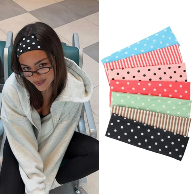 Polka Dot Headband,Stripe Head Bands 7 Pack Non Slip Soft Fabric Elastic for Girls Daily Heart Cute Hairbands, Women's Fashion Headbands