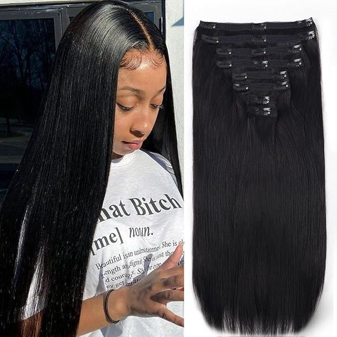 28Inch Clip in Hair Extensions Real Human Hair Straight 8Pcs Remy Hair Extensions Clip in Human Hair with 18Clips Double Lace Weft 120g Natural Black