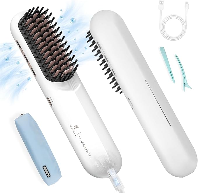 Cordless Hair Straightener Brush - [200M Negative Ions] Webeauty Portable Straightening Brush for Women, Fast Heating Straightener Mini Travel Europe Dual Voltage Car Outdoor USB Rechargeable, White