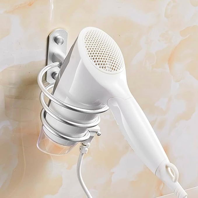 Stainless Steel Wall Mounted Hair Dryer Holder, Spiral Shelf - Self-Adhesive, Silver