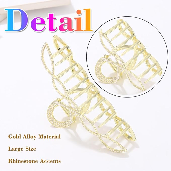 Rhinestone Hair Claw Clip, Large Metal Gold Claw Clip for Thick Hair, Sparkly Hair Accessories for Women (2 Pack)