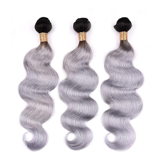Grey Bundles Human Hair Ombre Body Wave Bundle Brazilian Virgin Soft and Silky Remy Hair 3 Bundles 18 20 22 Inch Double Weft 2 Tone Black and Silver Body Wave Bundle 300g