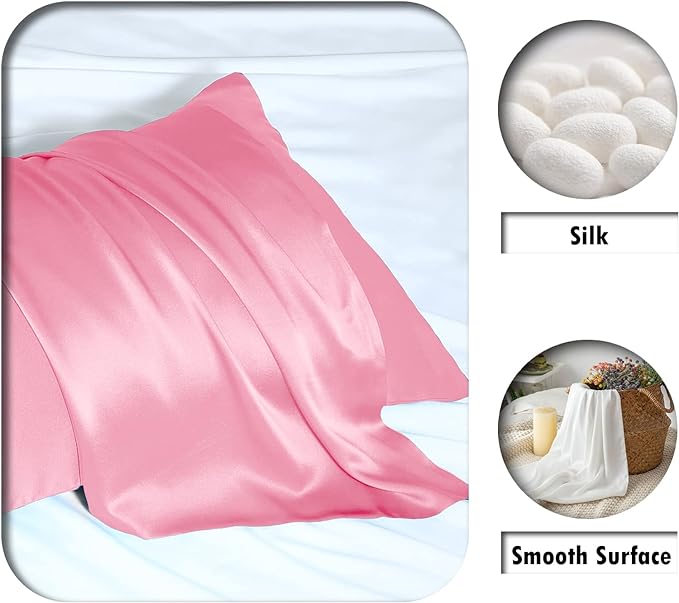 Natural Mulberry Silk Pillowcase for Hair and Skin Standard Size 20"X 26" Case with Hidden Zipper Soft Breathable Smooth Cooling Silk Pillow Covers for Sleeping(Pink,1Pcs)