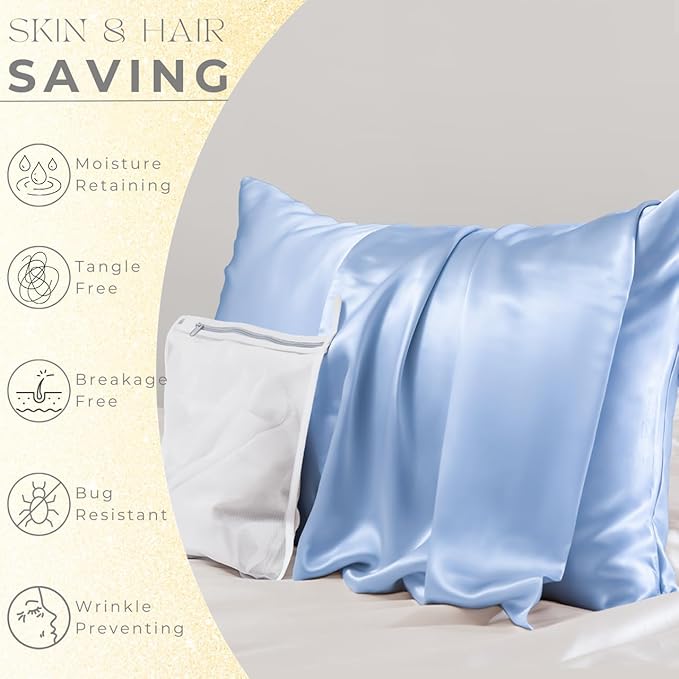 PROMEED Real 23 Momme 100% Silk Pillowcase for Hair and Skin, Both Sides Cooling Premium Grade 6A+ Mulberry Silk Pillow Case with Zipper, 1pc (Queen 20"x30", Light Blue)
