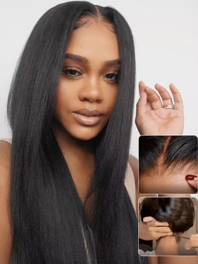 Julia Hair No Slip Yaki Straight 7x5 Lace Closure Glueless Drawstring Wig Flexible Mesh Cap Bye-Bye Slip Pre Cut HD Lace Front Pre Everything Bleached Knots Wear and Go Wig,Zero Slip Hold 20 Inch