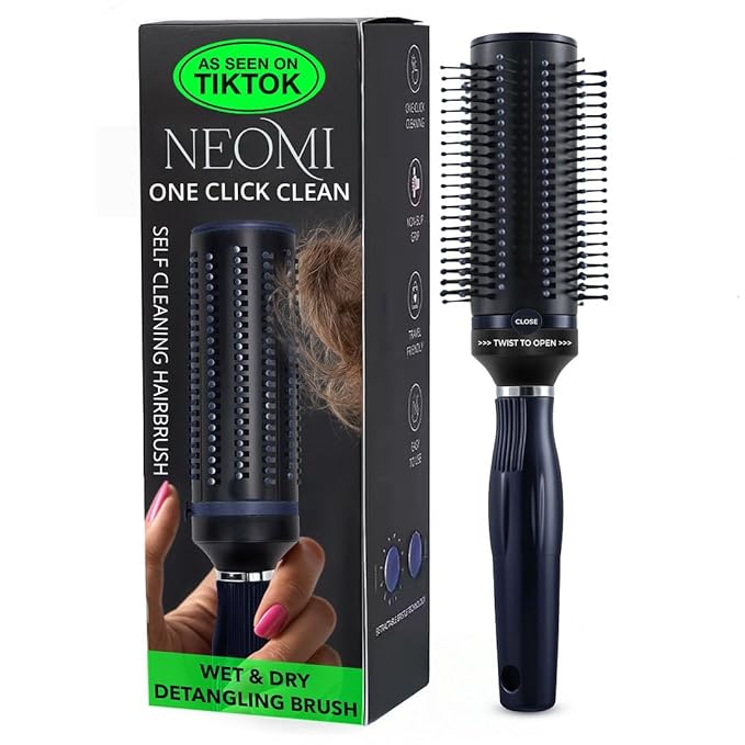 Detangler Brush for Women - Curly Hair Blow Dryer Round Brush for Blow Out - Self Cleaning Roller Retractable Travel Hairbrush - Navy Blue Christmas Gifts