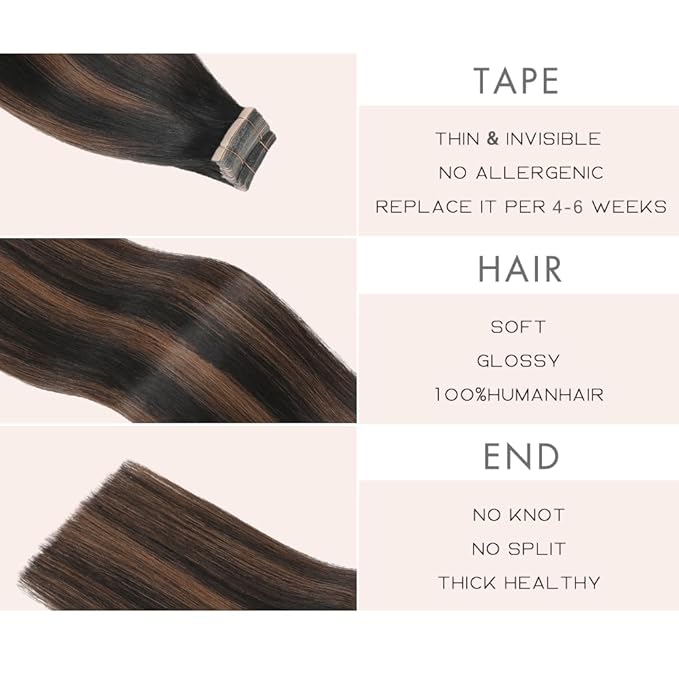 Tape in Hair Extensions Real Human Hair 24 Inch Balayage Natural Black Mixed Chestnut Brown Skin Weft Hair Extension Invisible Tape in Hair Extensions for Women 20pcs (1B/1B/6#,24 Inch)