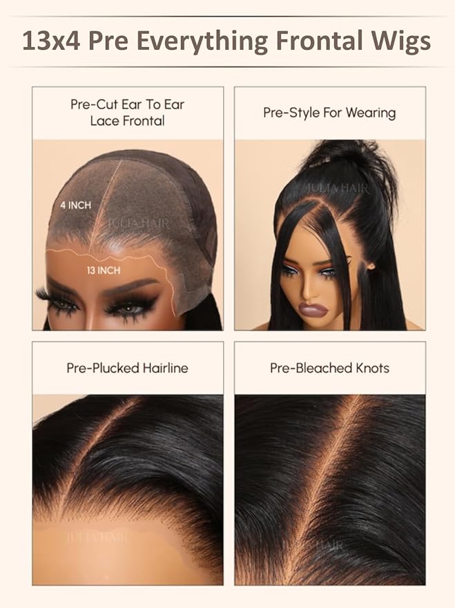 Julia Hair Body Wave Glueless 13x4 Lace Front Wigs Human Hair 12A Pre Cut Lace Frontal Wig Pre Bleached Bye Bye Knots Pre Everything Put on and Go 180% Density Fast Wear Wigs Natural Color 20 Inch