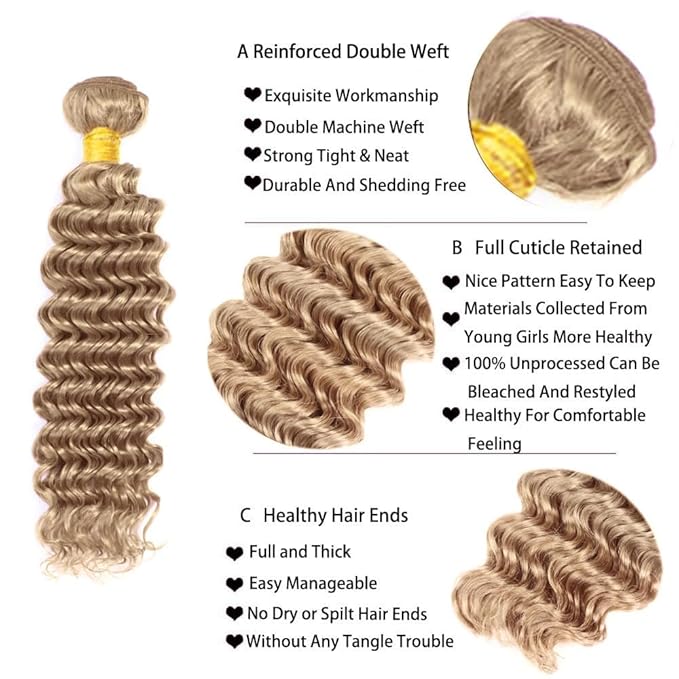Ash Blonde Deep Wave Bundles Human Hair Color #22 Bundle Niegmeag Brazilian Virgin Remy Hair 3 Bundles 20 22 24 Inch Double Weft #22 Blonde Bundle Hair Weave